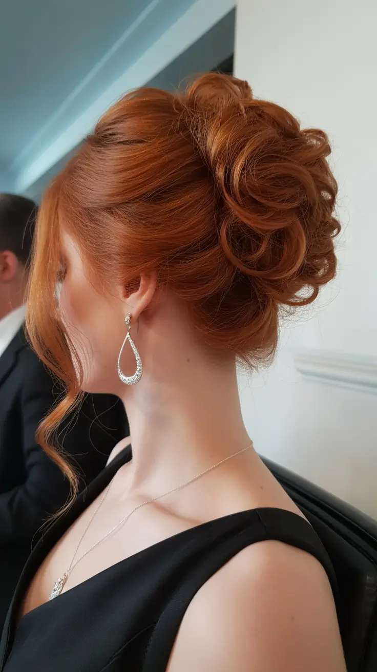 dreamy spring formal hairstyle ideas 2026 Voluminous Copper Updo - Romantic Texture with a Modern Twist