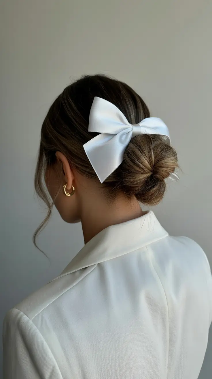 dreamy spring formal hairstyle ideas 2026 Soft Low Bun with Satin Bow - Feminine and Cute