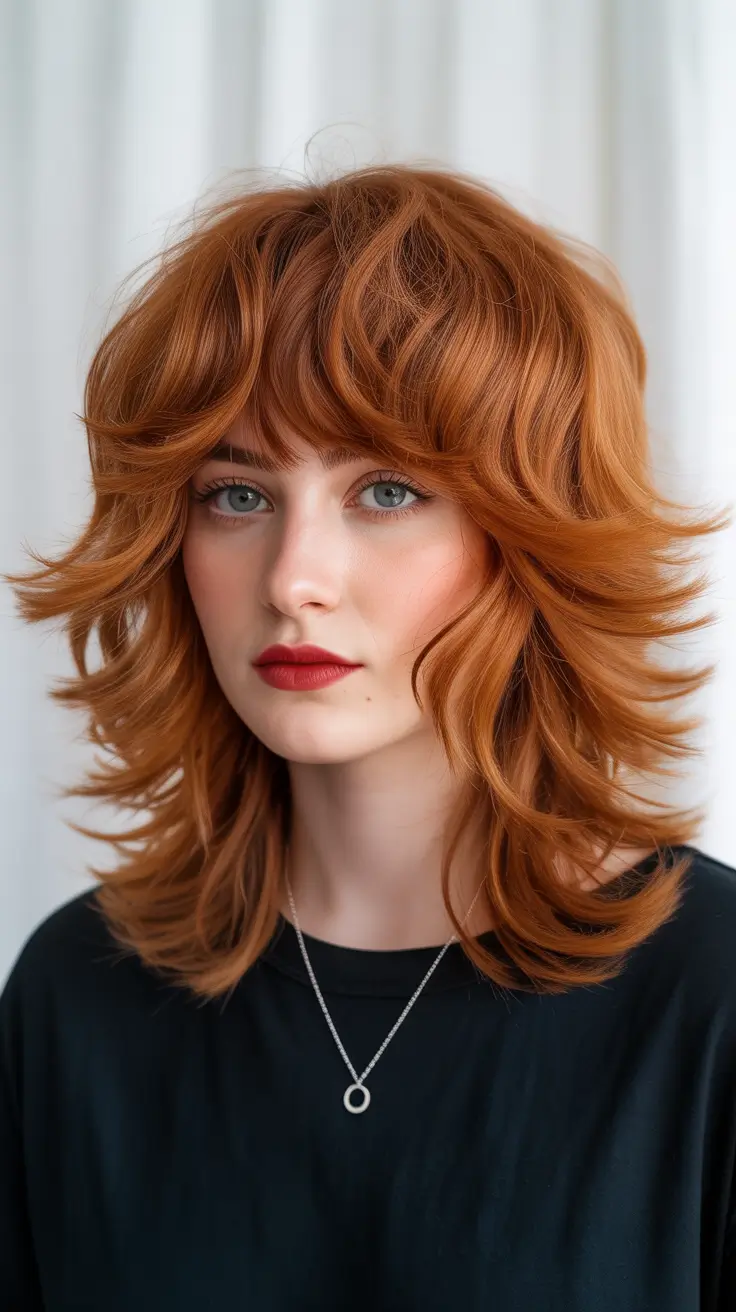 dreamy spring shag hairstyle guide 2026 Soft Copper Med Shag With Airy Bangs