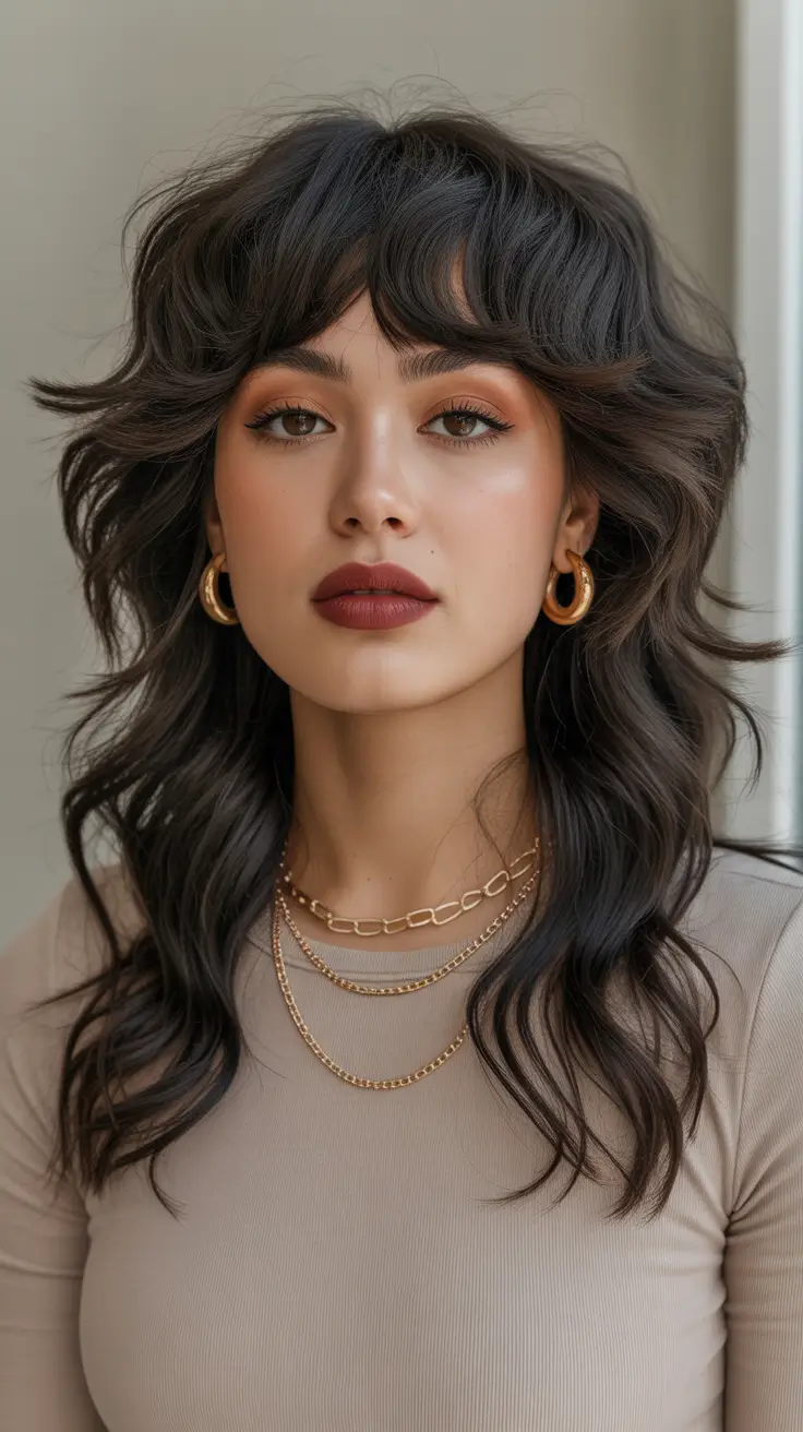 dreamy spring shag hairstyle guide 2026 Dark Layered Long Shag With Curtain Bangs