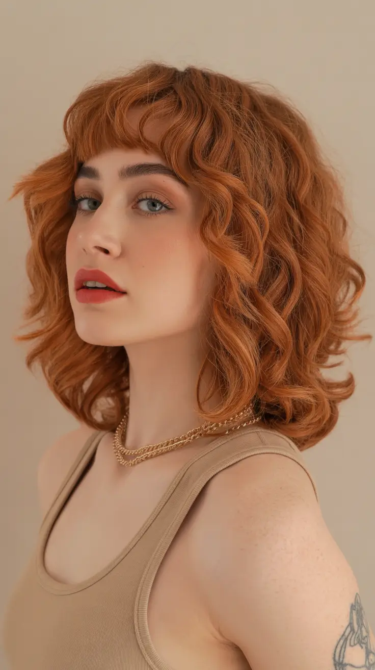 dreamy spring shag hairstyle guide 2026 Soft Copper Medium Curly Shag With Micro Fringe