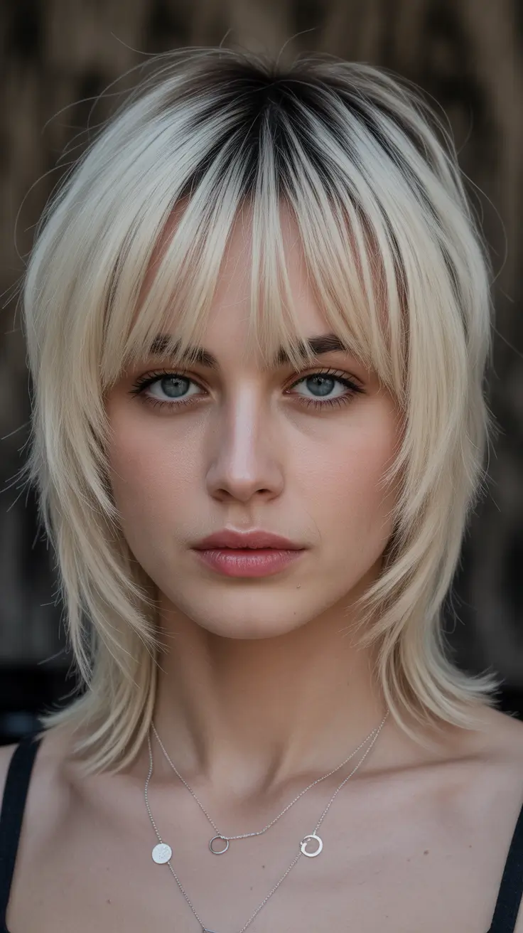 dreamy spring shag hairstyle guide 2026 Platinum Blonde Layered Shag With Statement Bangs