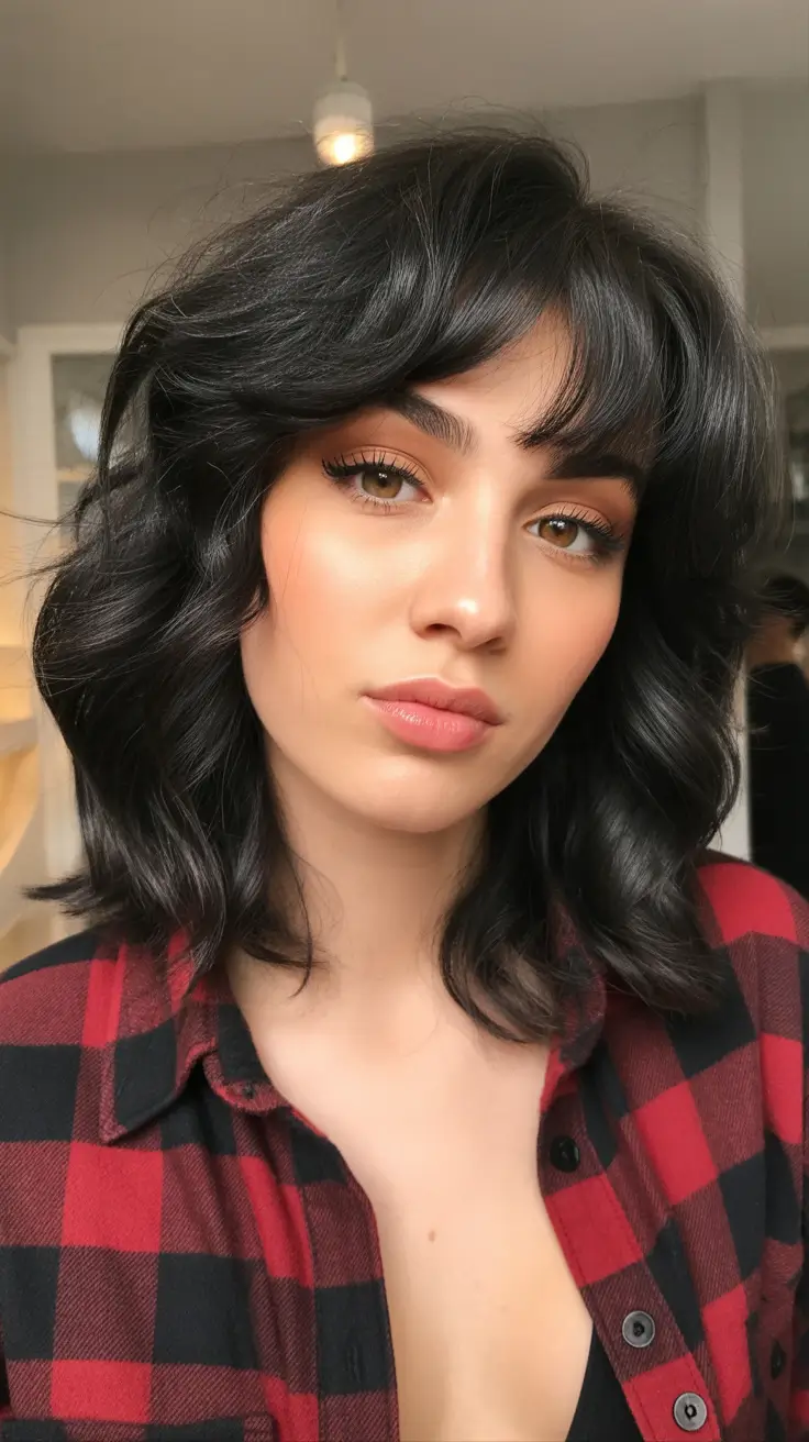 dreamy spring shag hairstyle guide 2026 Glossy Dark Medium Shag With Voluminous Layers