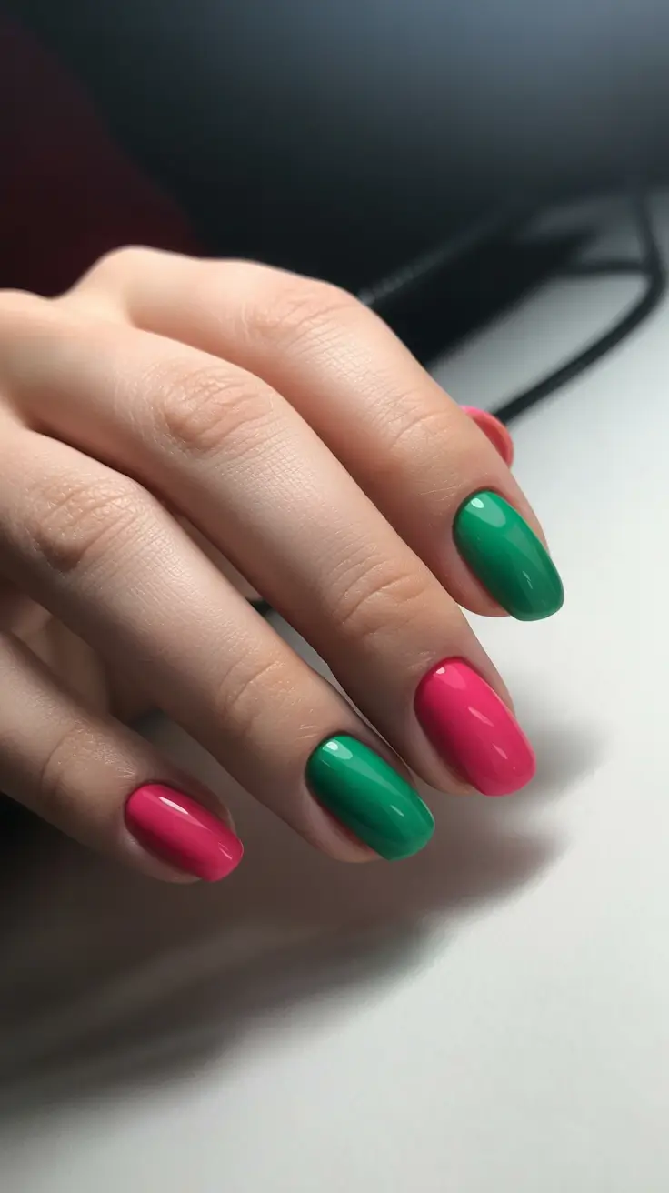 spring nail design 2026 pink green bright color block nails