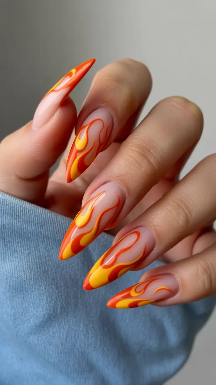 spring nail design 2026 almond shape orange flame nail art