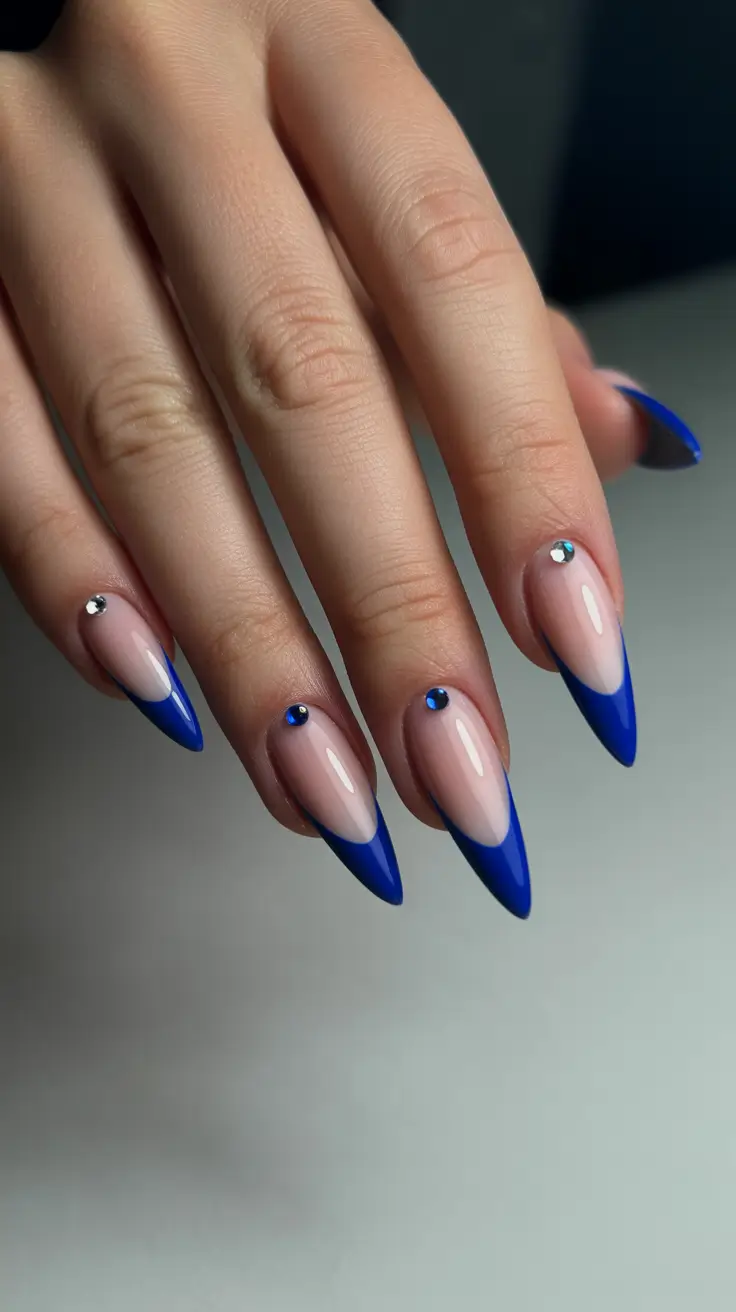 spring nail design 2026 blue french tip almond shape crystals