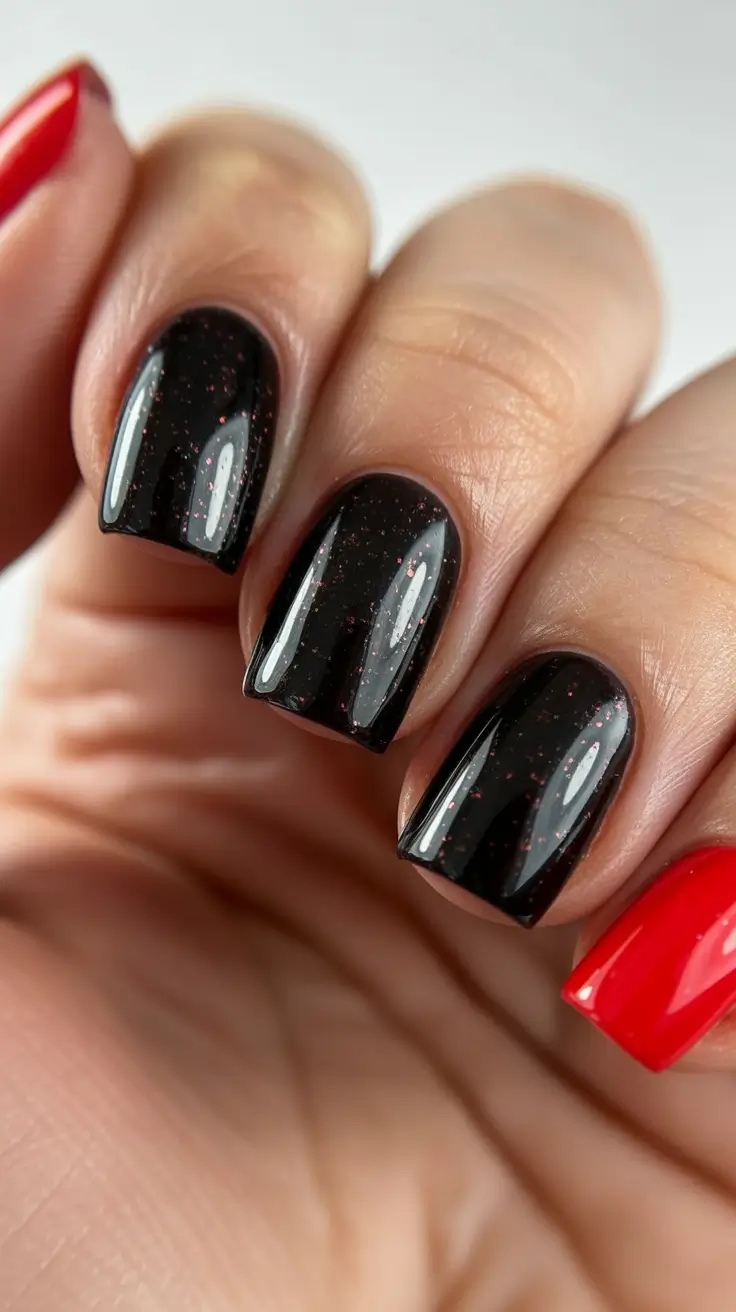 spring nail design 2026 black glitter short square manicure