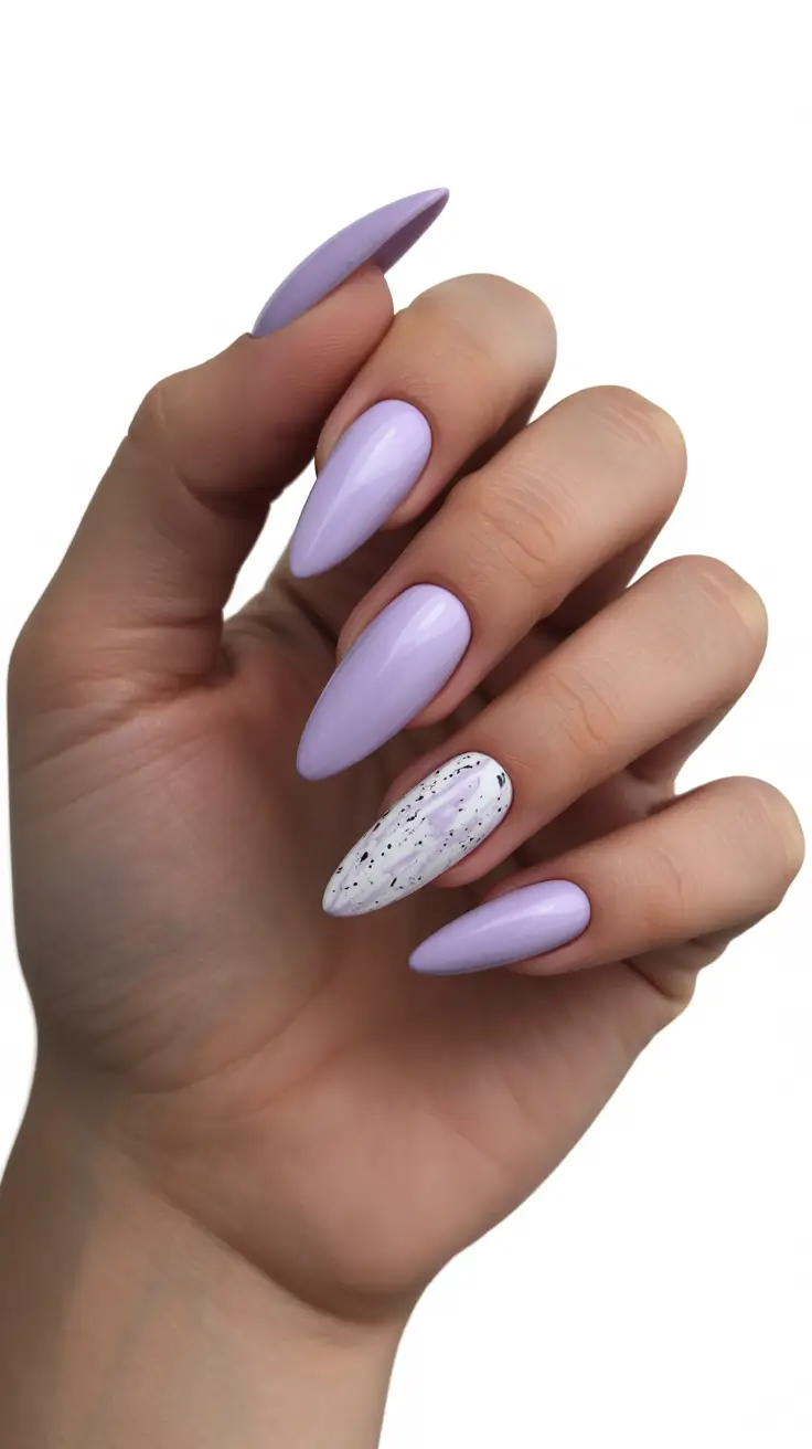 spring nail design 2026 purple almond shape marble accent