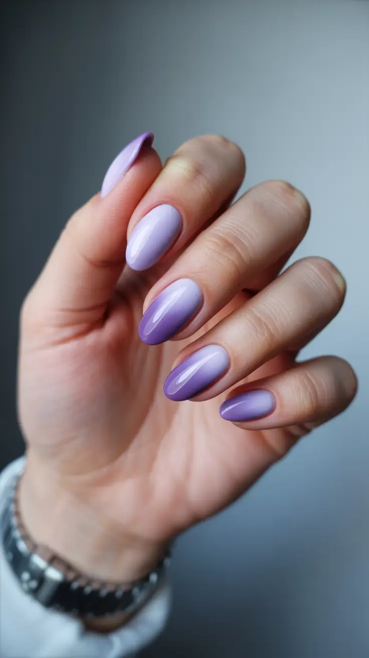 spring nail design 2026 purple ombre almond shape