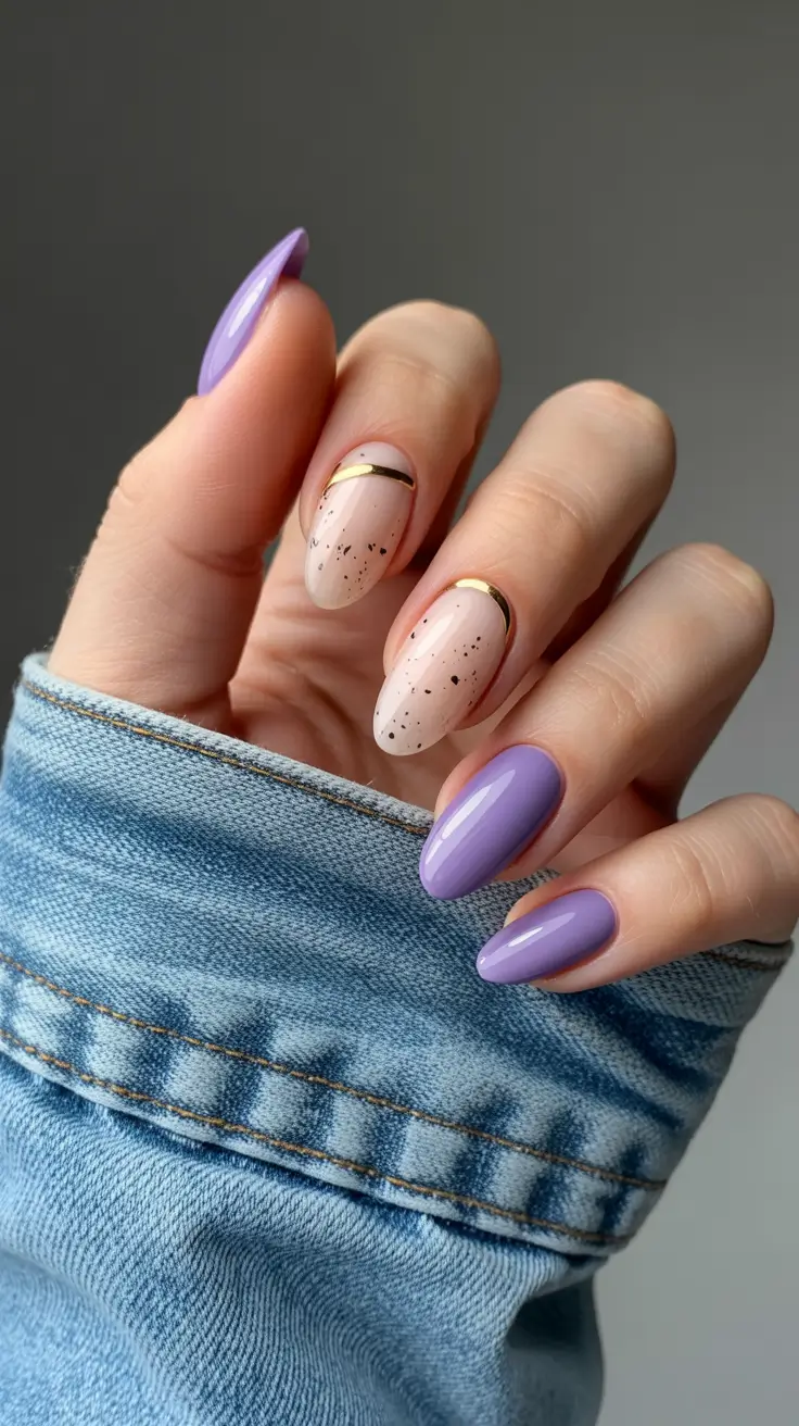 spring nail design 2026 purple almond nails gold accent