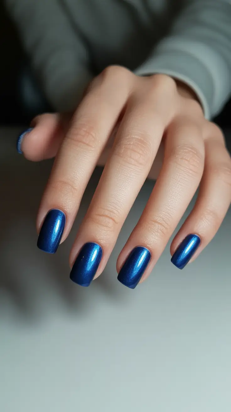spring nail design 2026 metallic blue short square nails