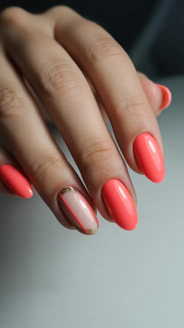 spring nail design 2026 bright coral gold accent manicure