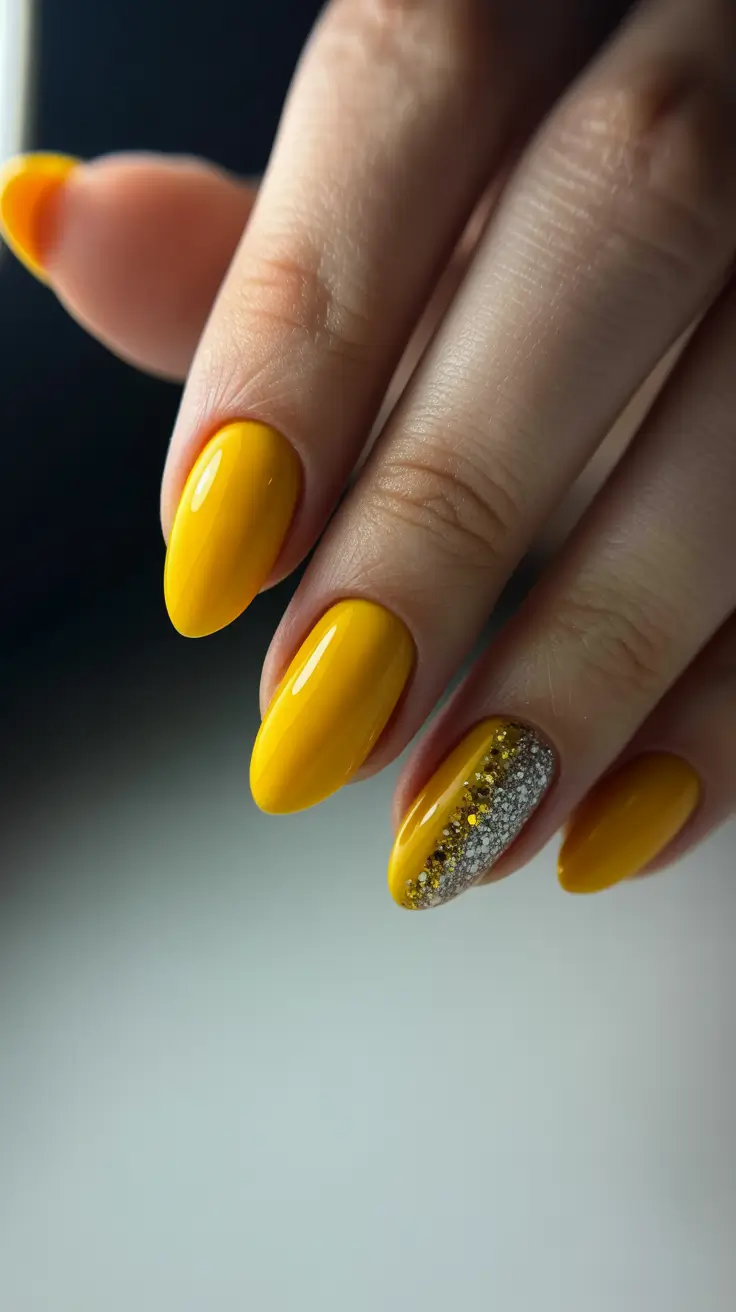 spring nail design 2026 bright yellow almond shape glitter accent