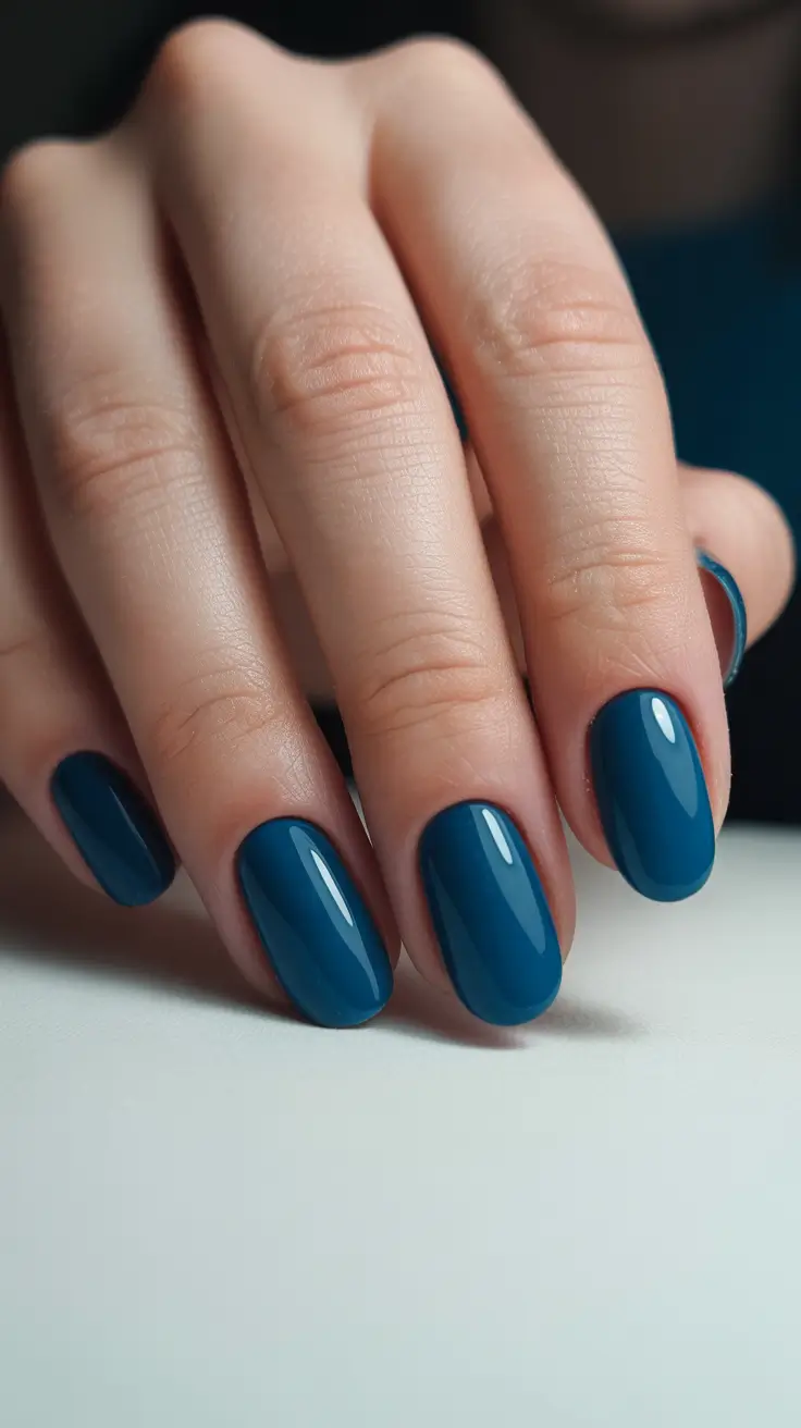 spring nail design 2026 deep blue glossy gel manicure