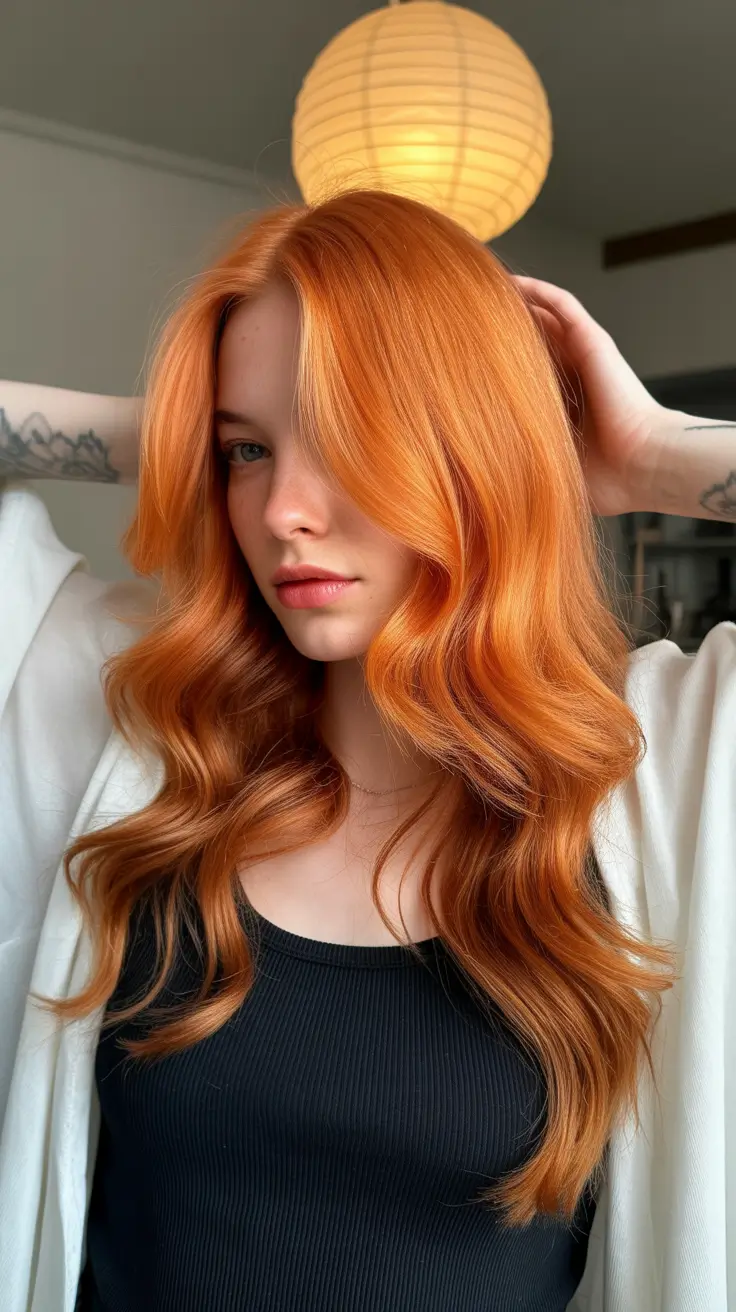 elegant spring fox hair color trends 2026 Glossy Sunset Fox Waves with Soft Dimension