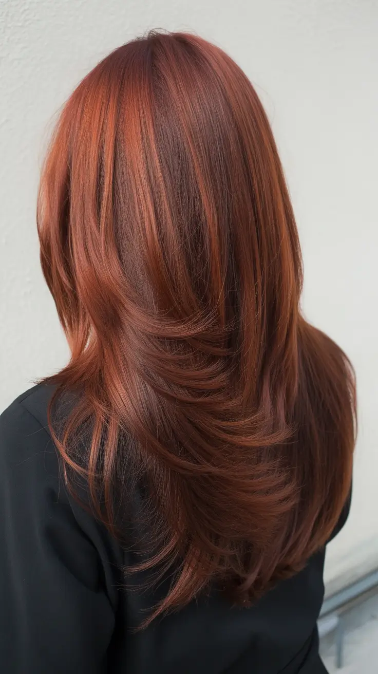 elegant spring fox hair color trends 2026 Deep Auburn Fox Layers with Classic Volume