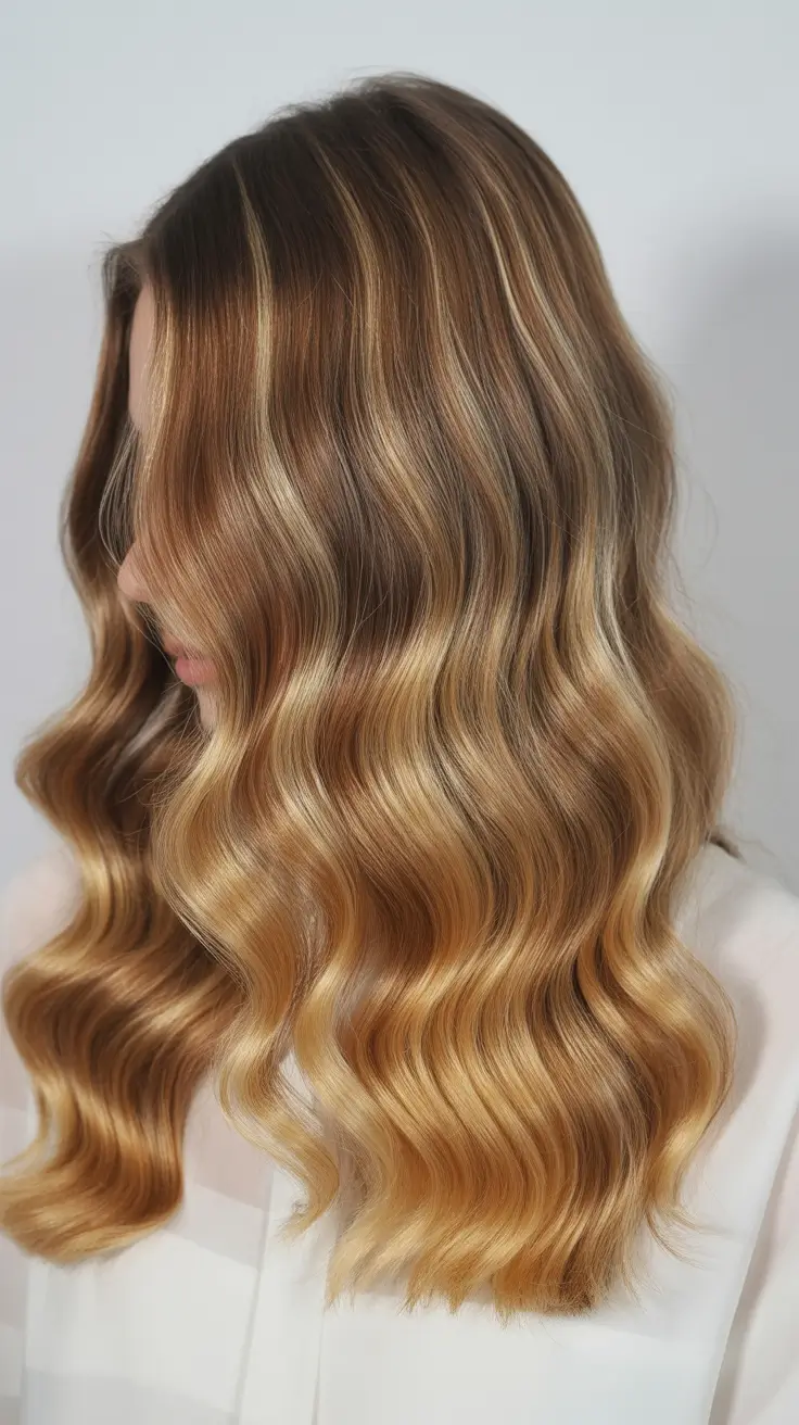 elegant spring honey blonde hair color trends 2026 Warm Caramel Honey Waves with Deep Root Dimension