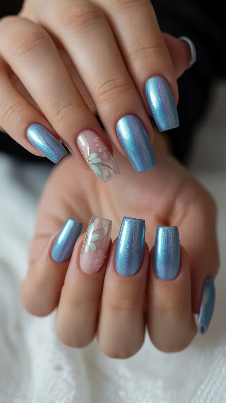 gorgeous spring nails acrylic tips 2026 Icy Blue Coffin Elegance With Botanical Accent