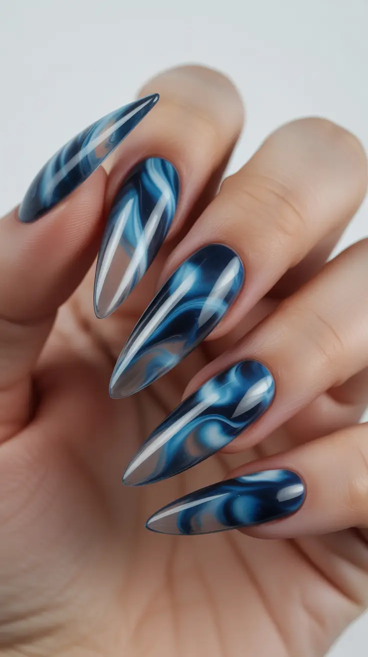 gorgeous spring nails acrylic tips 2026 Blue Marble Stiletto Statement Nails