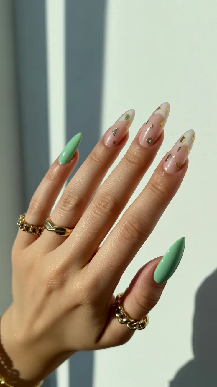 gorgeous spring nails acrylic tips 2026 Almond Sage Green With Sheer Gold Foil Accent