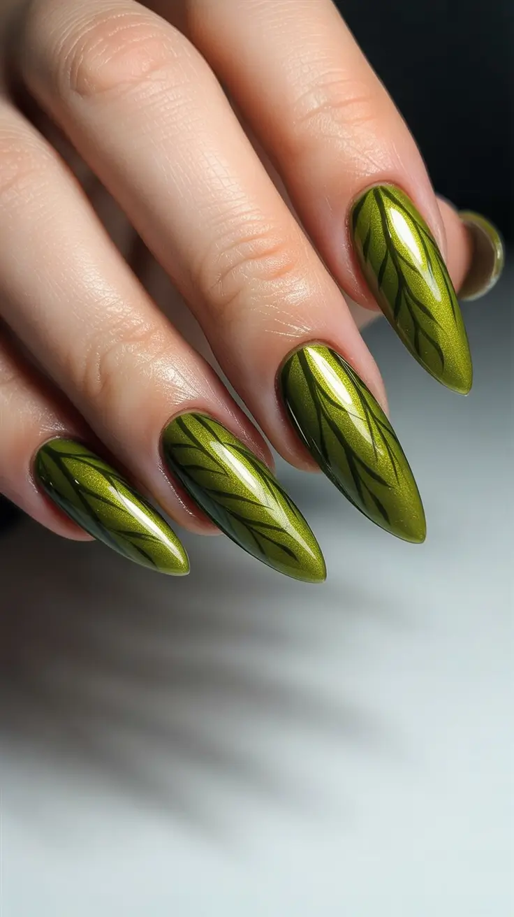 gorgeous spring nails acrylic tips 2026 Olive Green Metallic Almond Botanical Lines