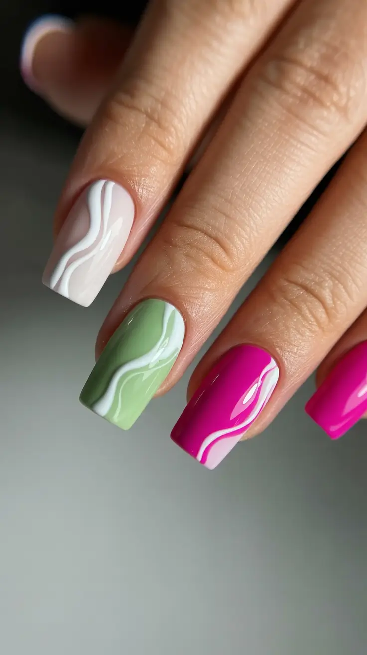 gorgeous spring nails acrylic tips 2026 Playful Pink Green Square Swirl Mix