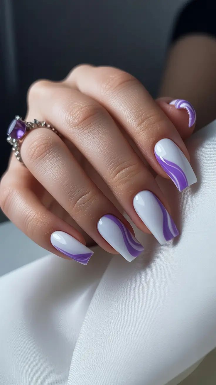 gorgeous spring nails acrylic tips 2026 Soft White Purple Square Swirl Elegance