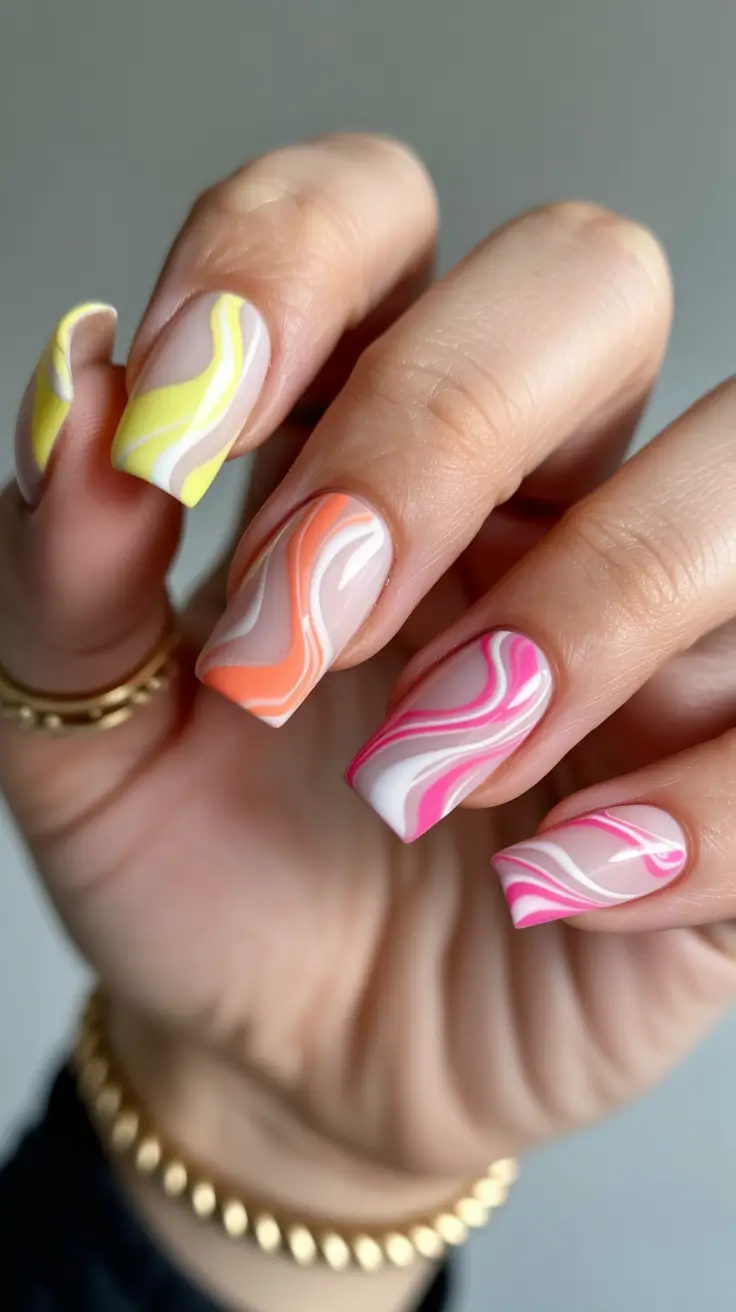 gorgeous spring nails acrylic tips 2026 Playful Yellow Pink Swirl Square Tips