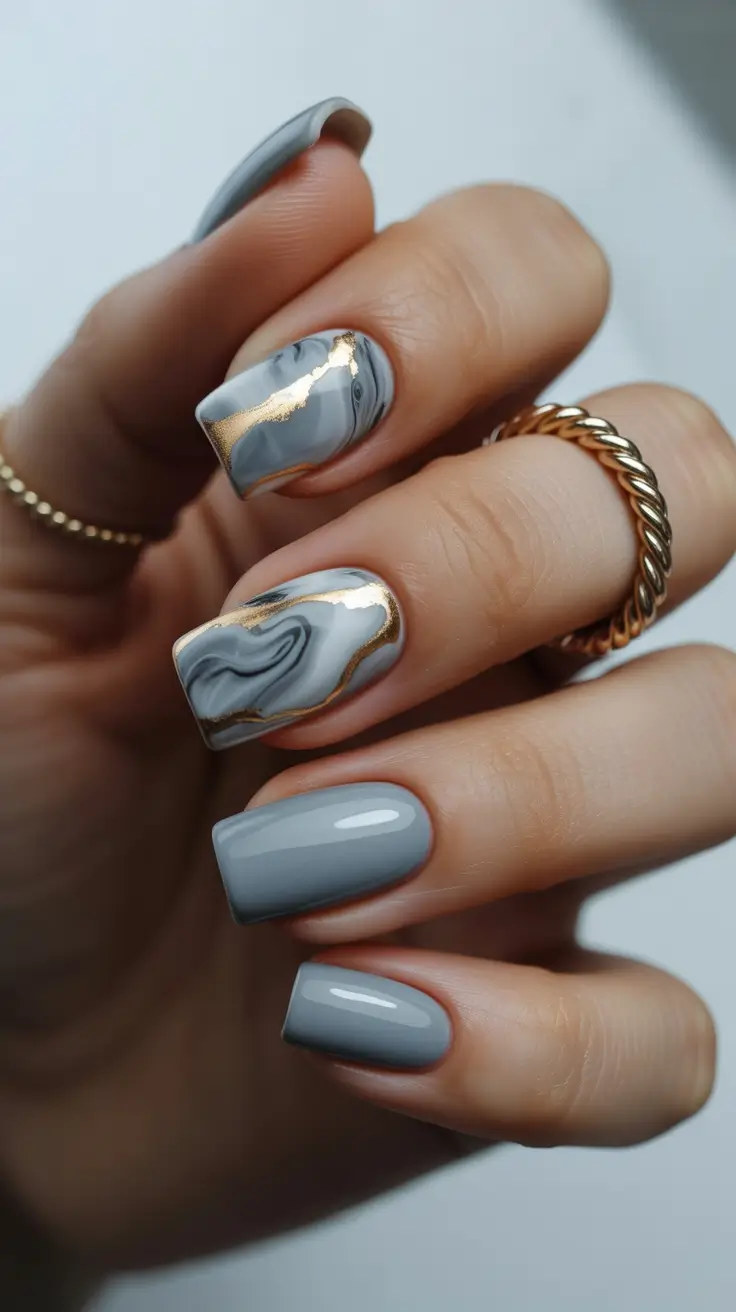 gorgeous spring nails acrylic tips 2026 Neutral Grey Marble With Gold Foil Elegance