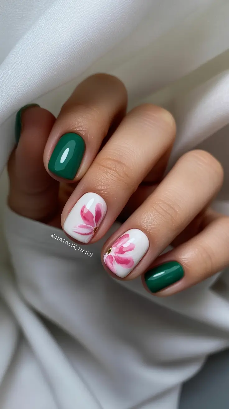 gorgeous spring nails acrylic tips 2026 Short Sage Green Floral Spring Charm