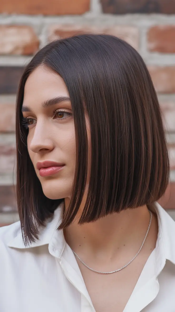 May Hair Color Ideas 2026 Soft Glass Brunette Bob with Precision Ends