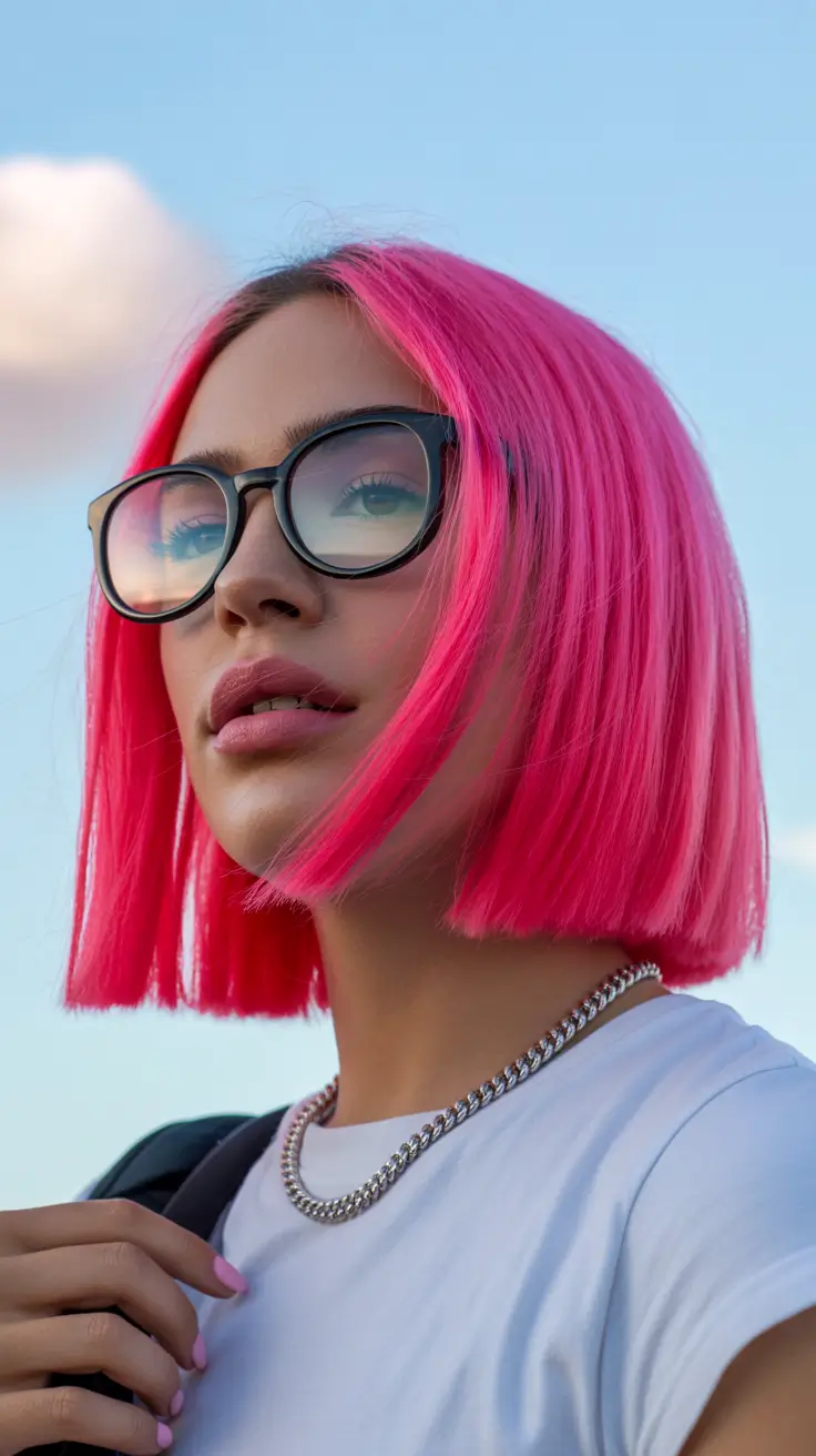 May Hair Color Ideas 2026 Neon Pink Precision Bob with Street-Style Edge