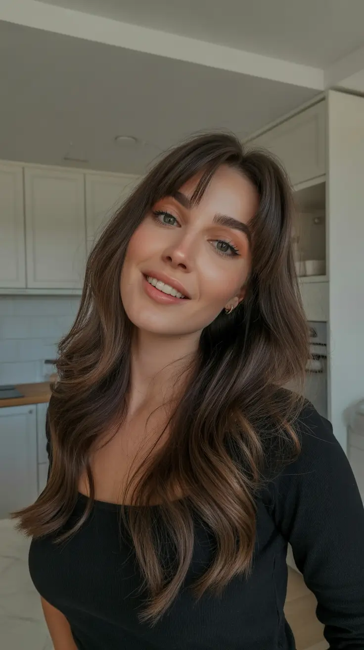 May Hair Color Ideas 2026 Layered Brunette with Wispy Bangs and Movement