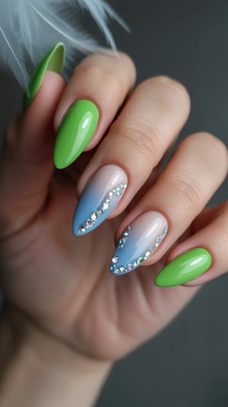nails ideas may 2026 Fresh Lime and Blue Ombre with Crystal Accents