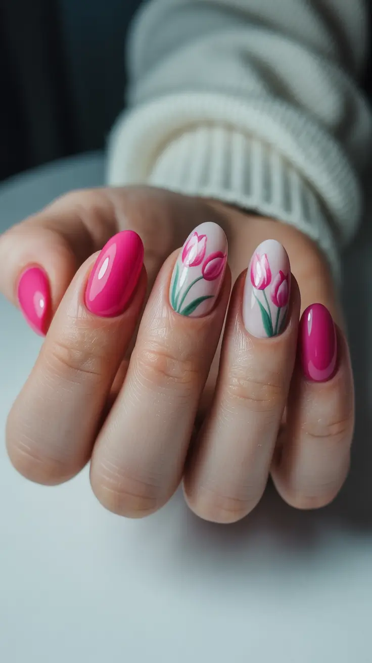 nails ideas may 2026 Bright Pink Tulip Art for a True Spring Mood
