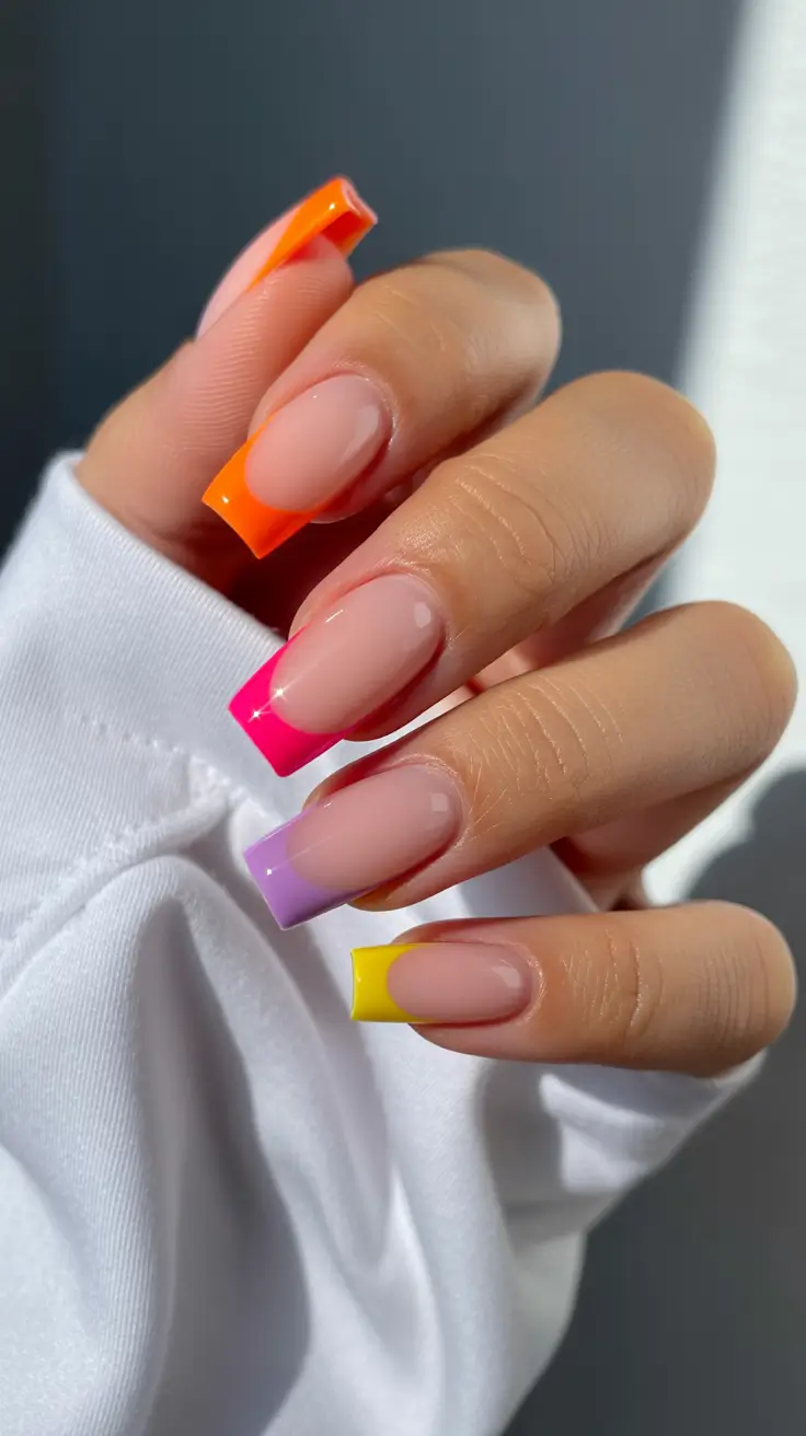 nails ideas may 2026 Rainbow French Tips for a Playful Twist