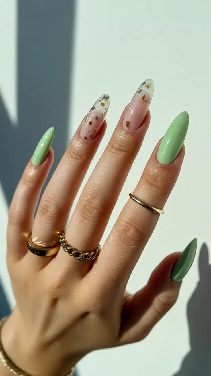 nails ideas may 2026 Glossy Sage and Gold Foil Minimalism
