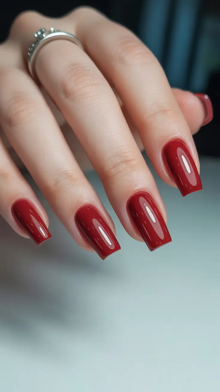 nails ideas may 2026 Classic Glossy Red with a Modern Square Shape