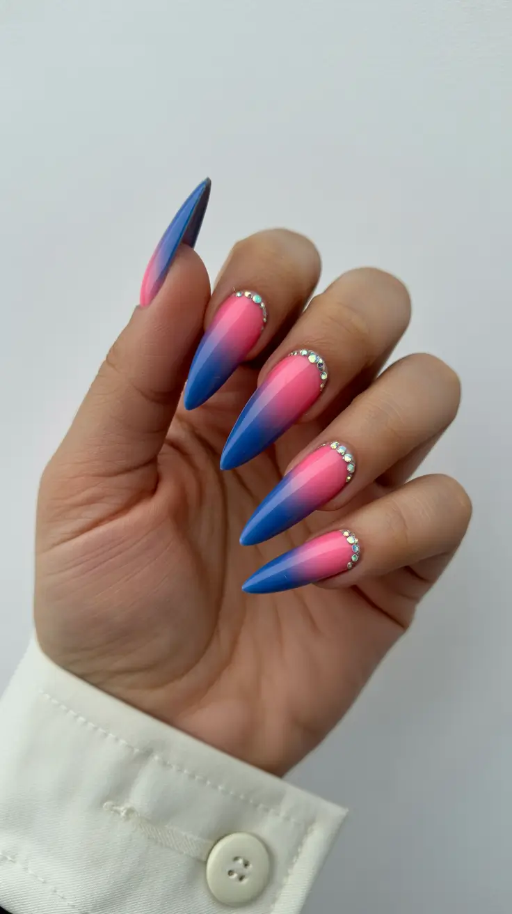 nails ideas may 2026 Pink to Blue Ombre with Crystal Detail