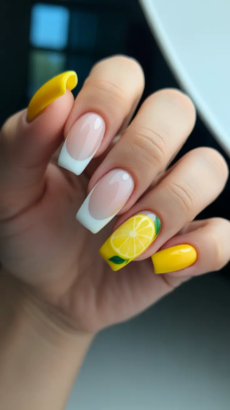 nails ideas may 2026 Lemon Pop Art with Playful French Twist