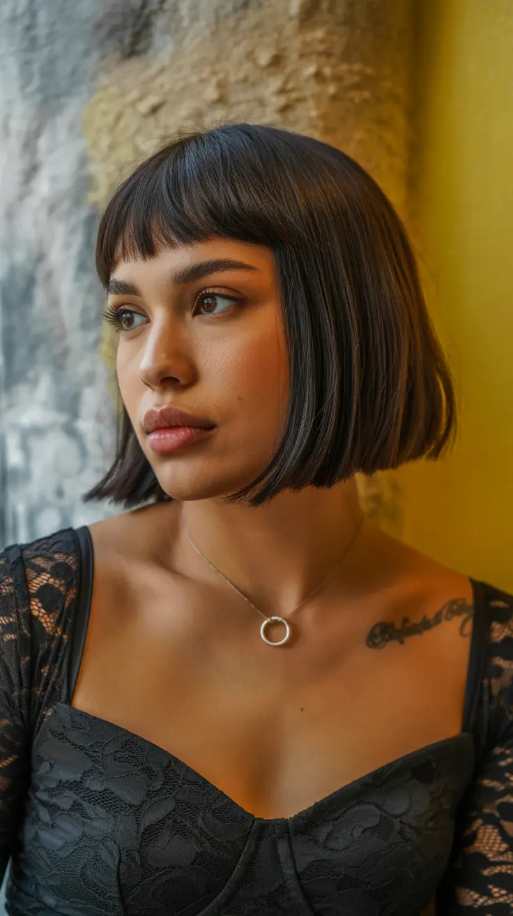 neutral spring hair color ideas to look younger Glossy Espresso Bob With Chic Modern Edge