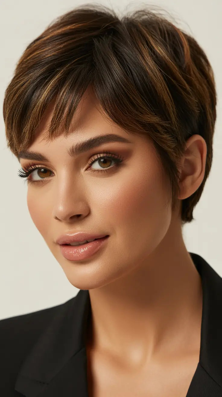 neutral spring hair color ideas 2026 to look younger Textured Espresso Pixie With Subtle Light Dimension
