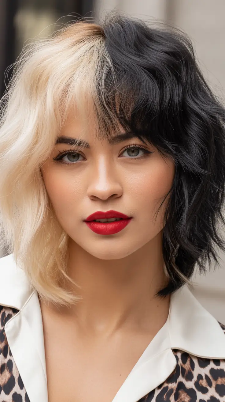 neutral spring hair color ideas to look younger Bold Half-and-Half Contrast With Graphic Edge