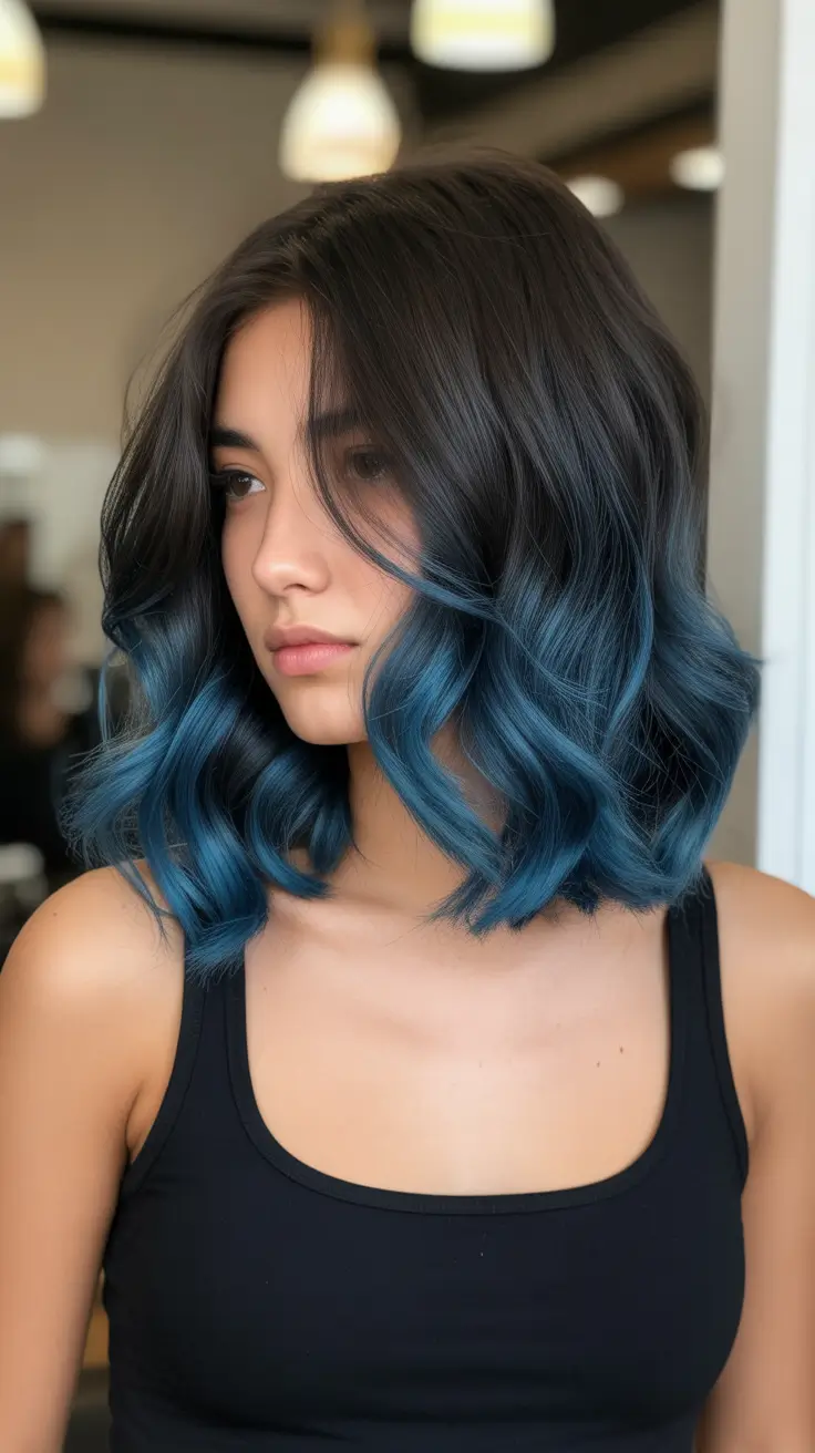 soft spring ombre hair color 2026 Midnight Brunette to Deep Teal Ombre Bob