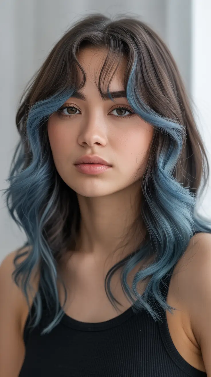 soft spring ombre hair color 2026 Soft Smoky Blue Ombre with Face-Framing Layers