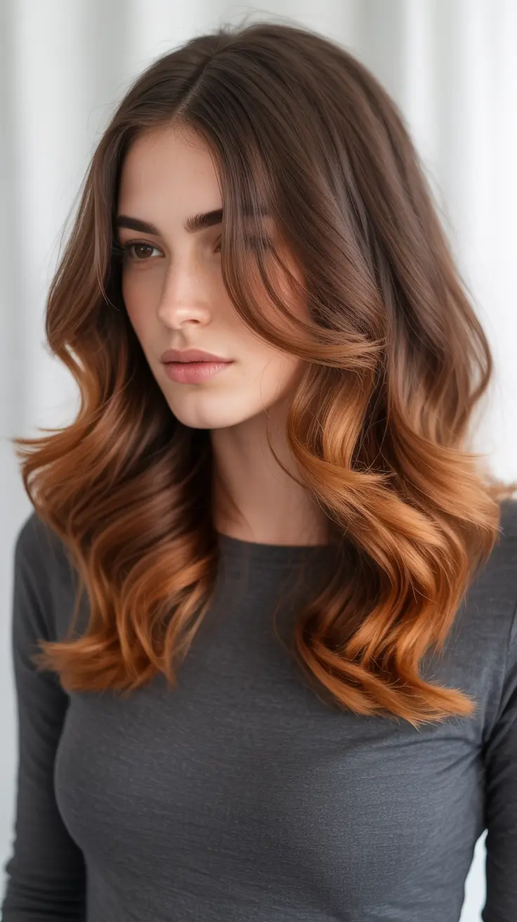 soft spring ombre hair color 2026 Warm Copper Ombre with Soft Brunette Roots