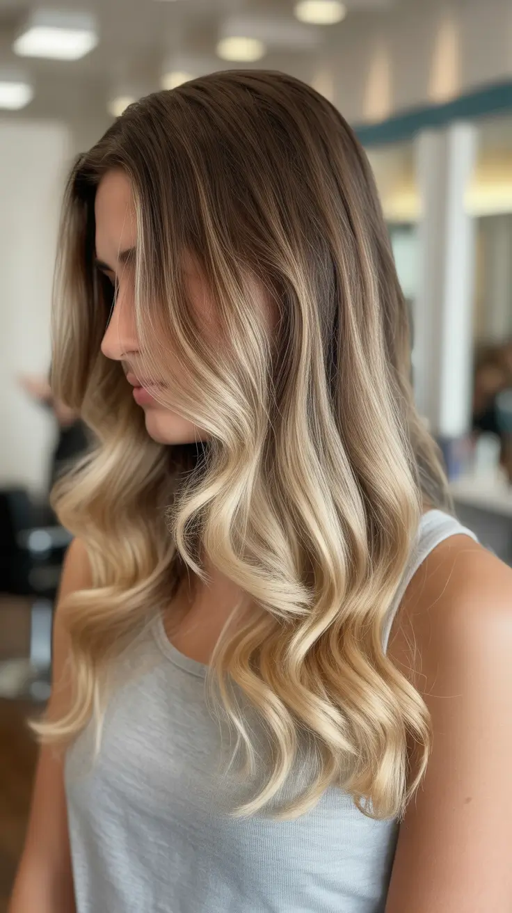 soft spring ombre hair color 2026 Classic Brunette to Champagne Blonde Ombre Waves