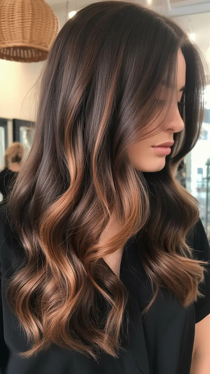 soft spring ombre hair color 2026 Chocolate Brunette with Caramel Ombre Ribbons