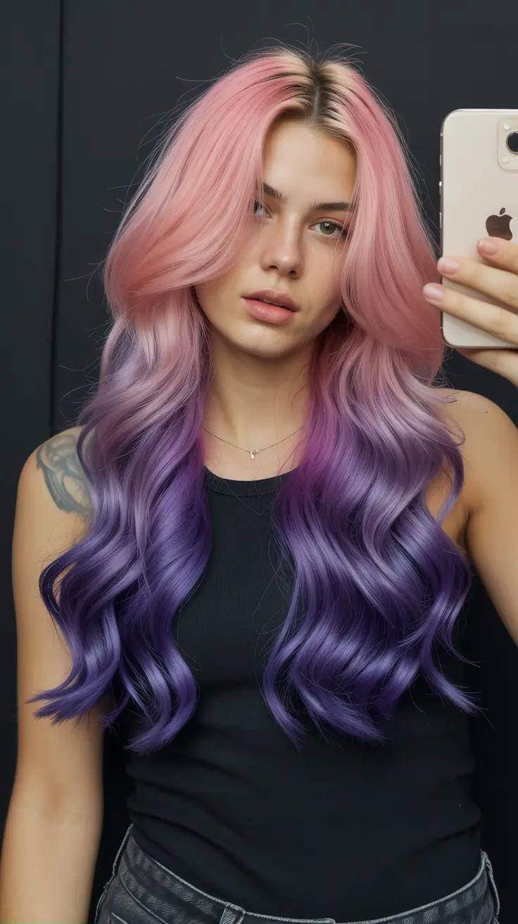 soft spring ombre hair color 2026 Pastel Pink to Lavender Ombre with Romantic Waves