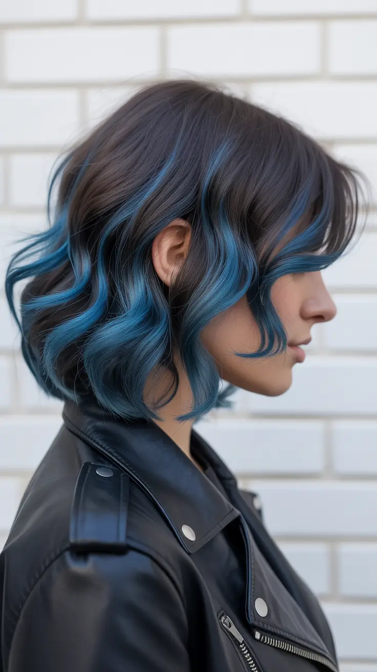 soft spring ombre hair color 2026 Deep Brunette Bob with Electric Blue Ombre